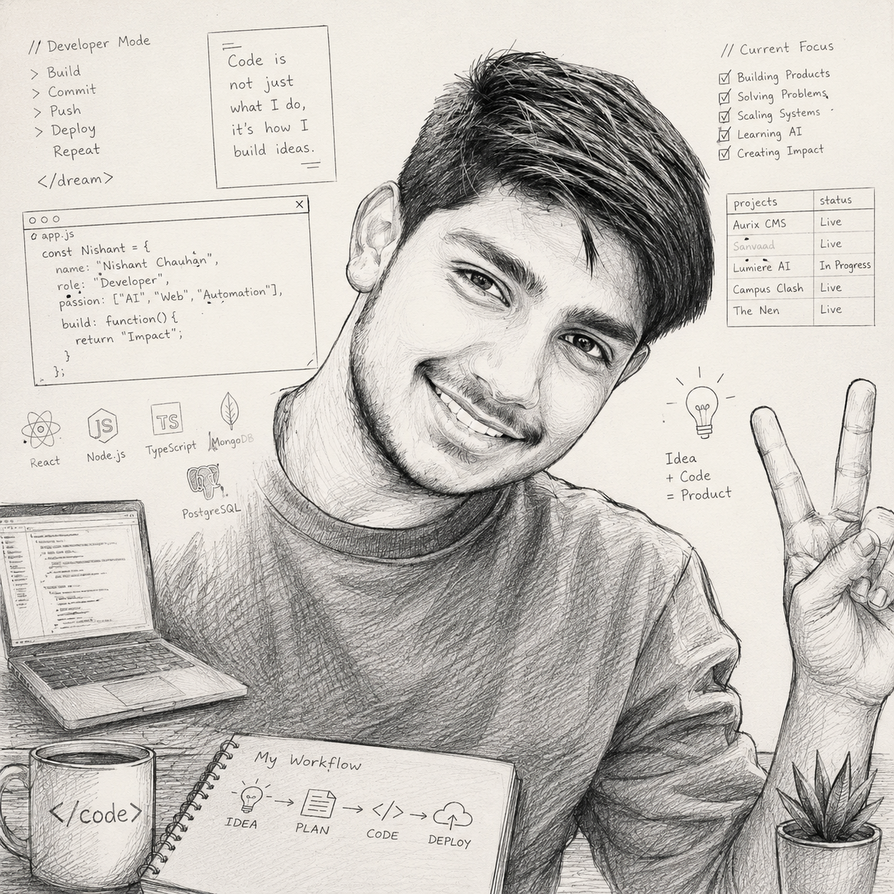 Sketch portrait of Nishant Chauhan — founder and full-stack engineer